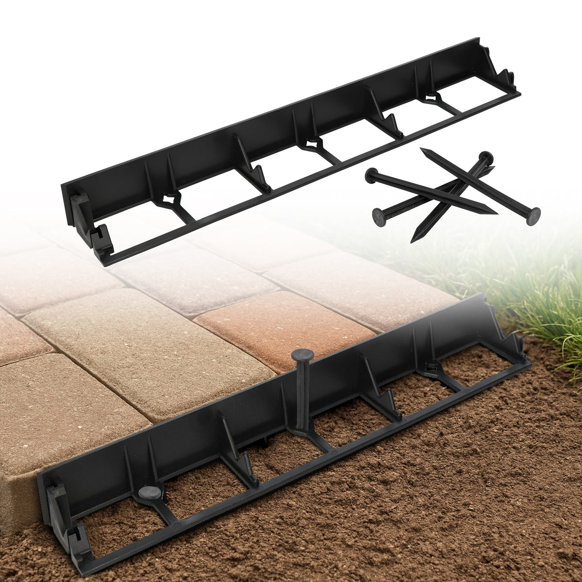 Bordure de pelouse flexible en plastique 10 m hauteur 45 mm - Bordure de pavé avec 30 ancrages au sol