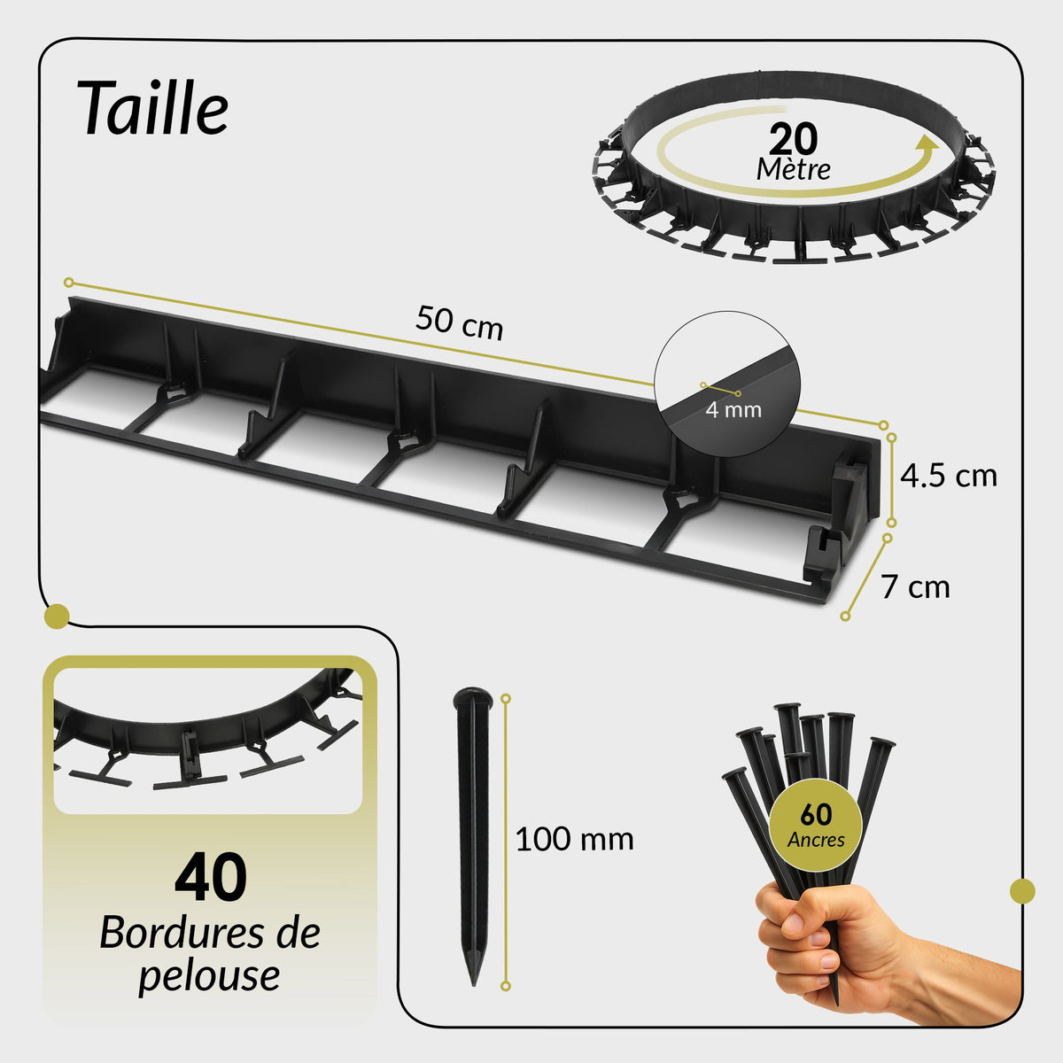 Bordure de pelouse flexible en plastique 10 m hauteur 45 mm - Bordure de pavé avec 30 ancrages au sol