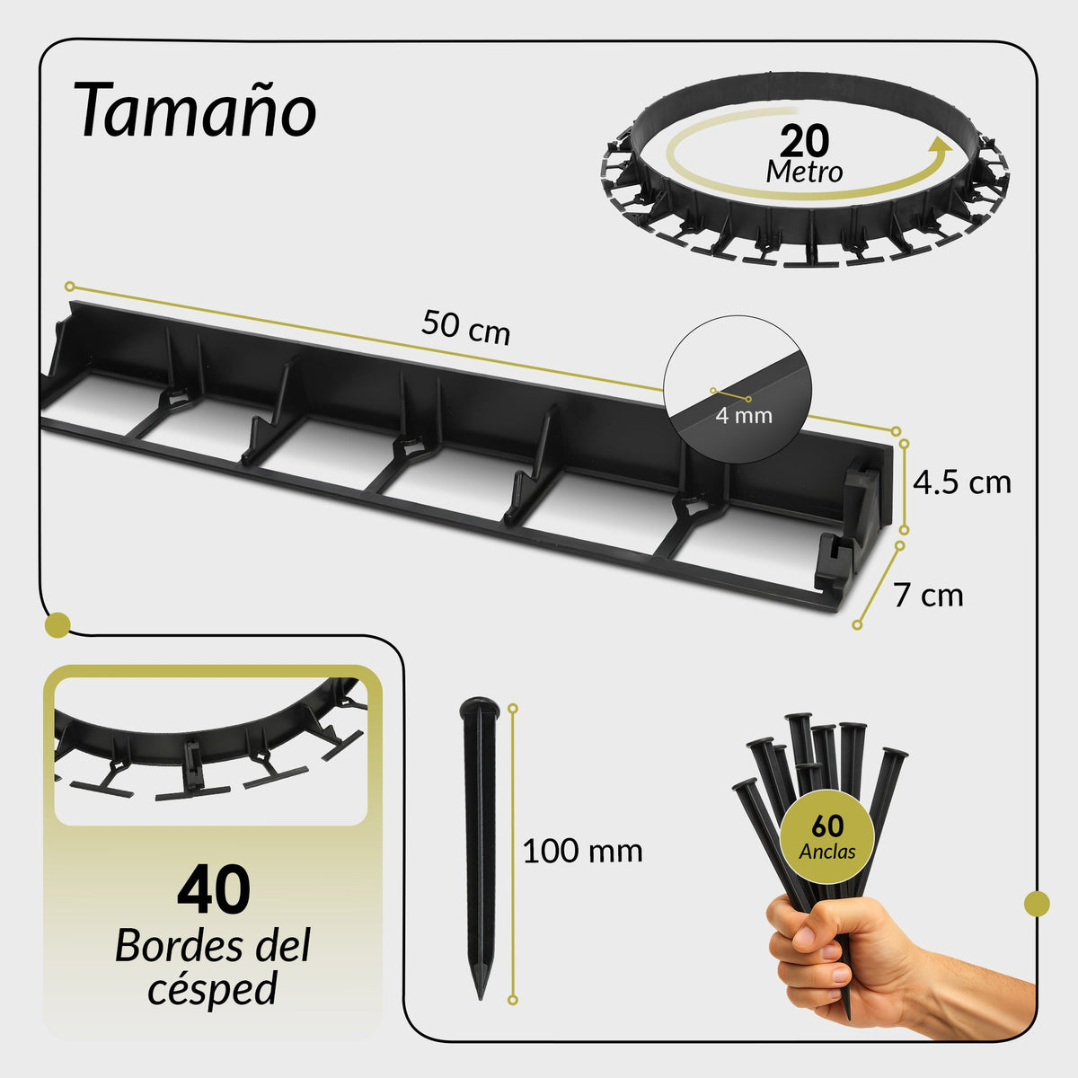 Borde de césped flexible de plástico, 10 m de altura, 45 mm, borde de pavimentación con 30 anclajes al suelo