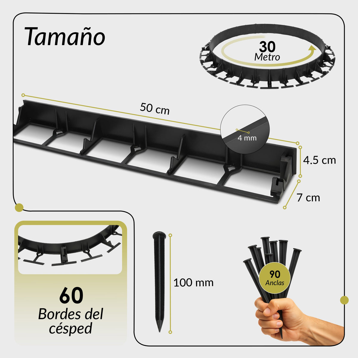Borde de césped flexible de plástico, 10 m de altura, 45 mm, borde de pavimentación con 30 anclajes al suelo
