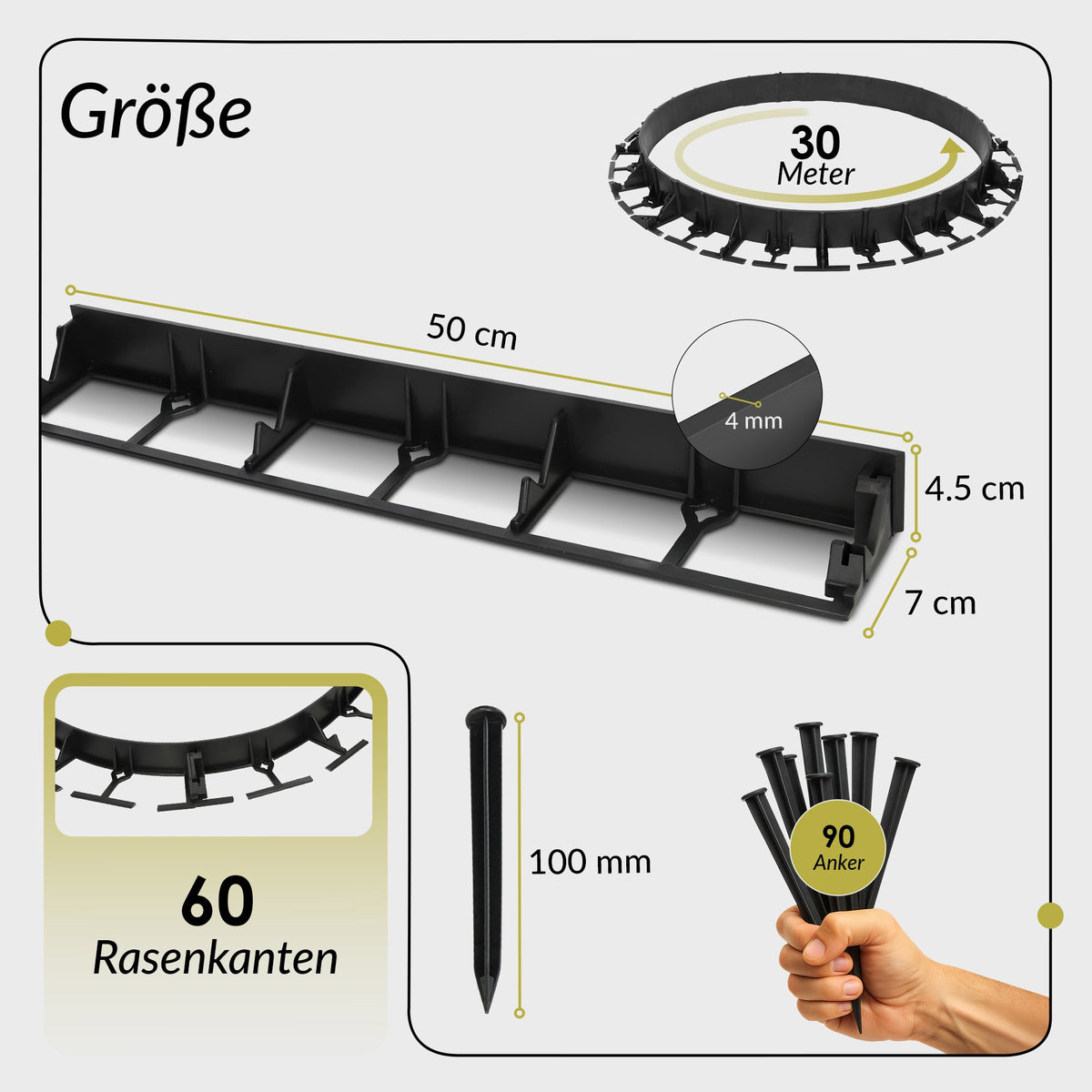 Flexible Rasenkante aus Kunststoff, 10 m, Höhe 45 mm – Gehwegkante mit 30 Erdankern