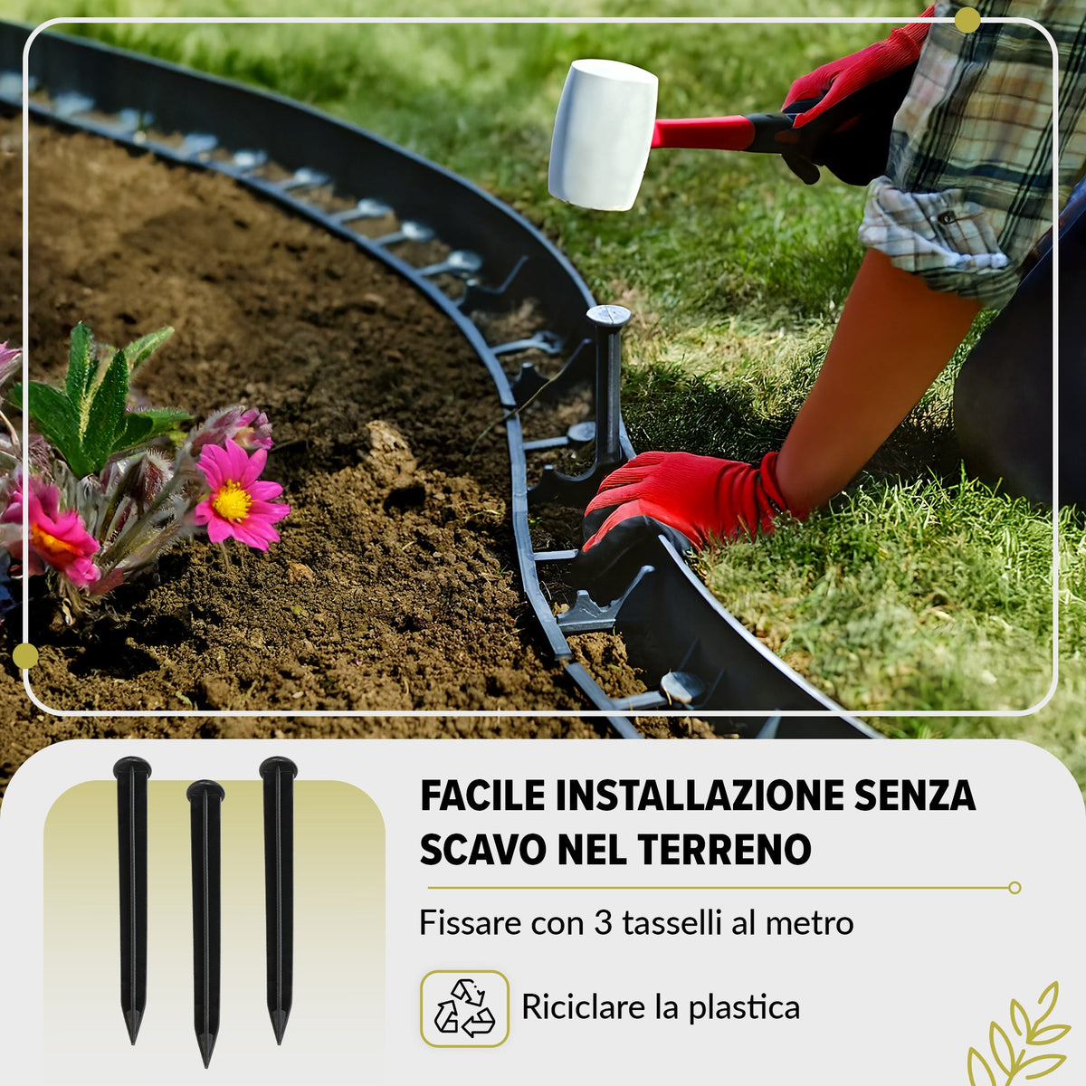 Bordo per prato flessibile in plastica, altezza 10 m, 45 mm, bordo per pavimentazione con 30 ancoraggi a terra