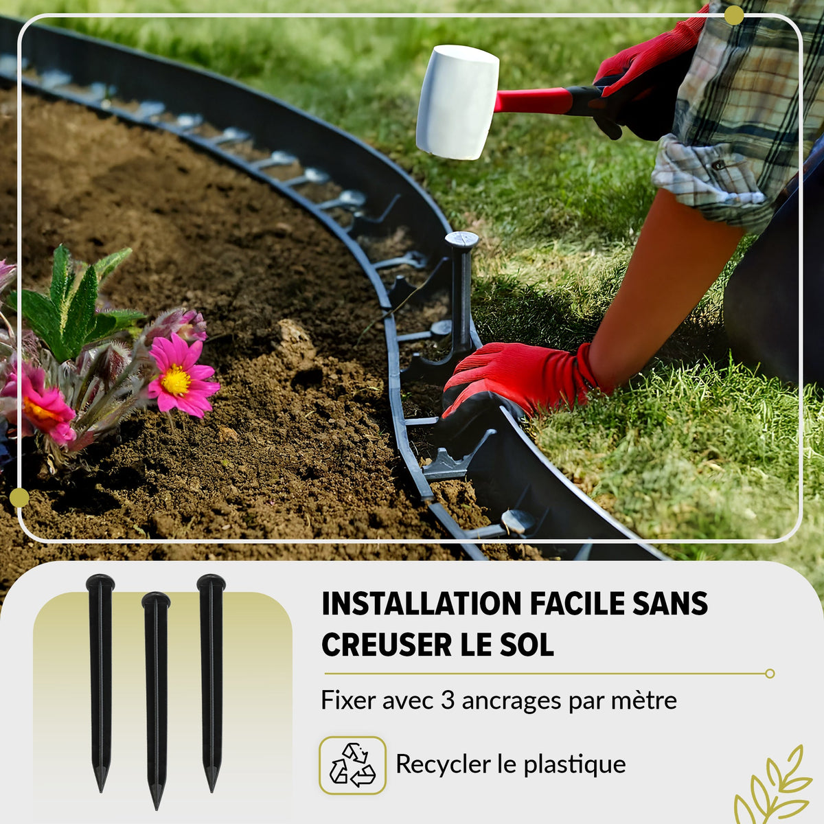 Bordure de pelouse flexible en plastique 10 m hauteur 45 mm - Bordure de pavé avec 30 ancrages au sol