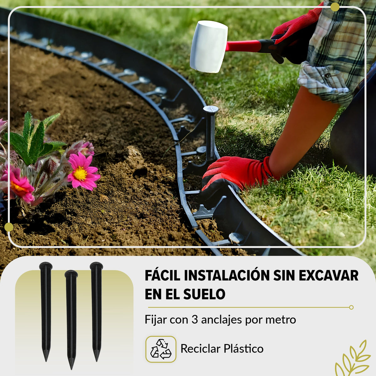 Borde de césped flexible de plástico, 10 m de altura, 45 mm, borde de pavimentación con 30 anclajes al suelo