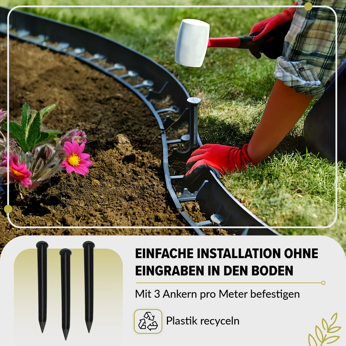 Flexible Rasenkante aus Kunststoff, 10 m, Höhe 45 mm – Gehwegkante mit 30 Erdankern