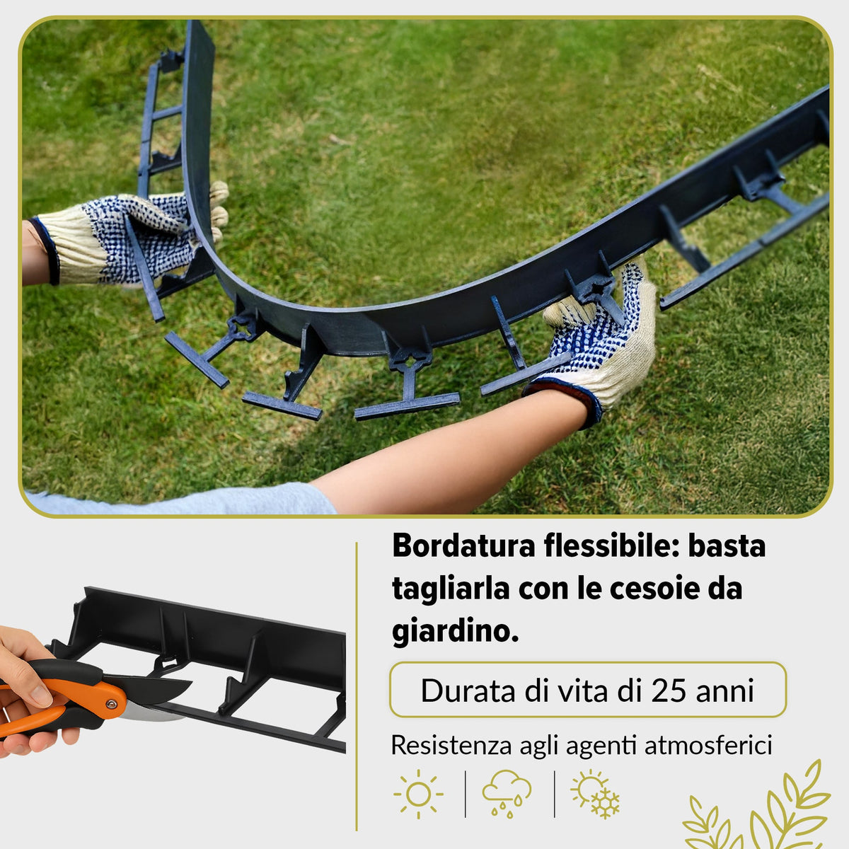 Bordo per prato flessibile in plastica, altezza 10 m, 45 mm, bordo per pavimentazione con 30 ancoraggi a terra