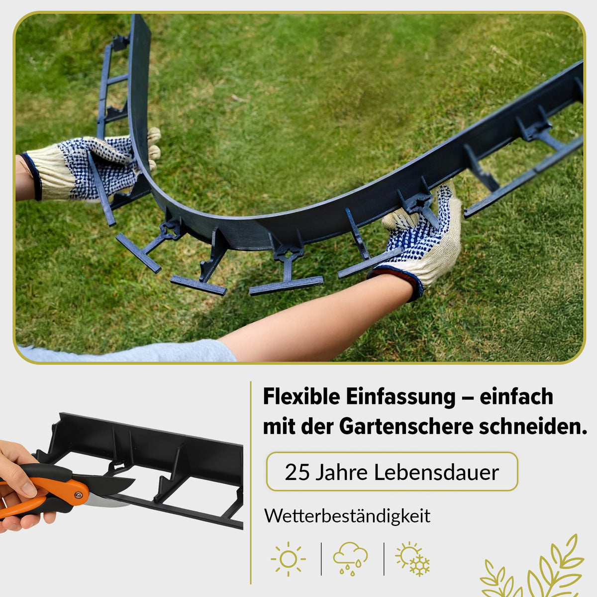 Flexible Rasenkante aus Kunststoff, 10 m, Höhe 45 mm – Gehwegkante mit 30 Erdankern