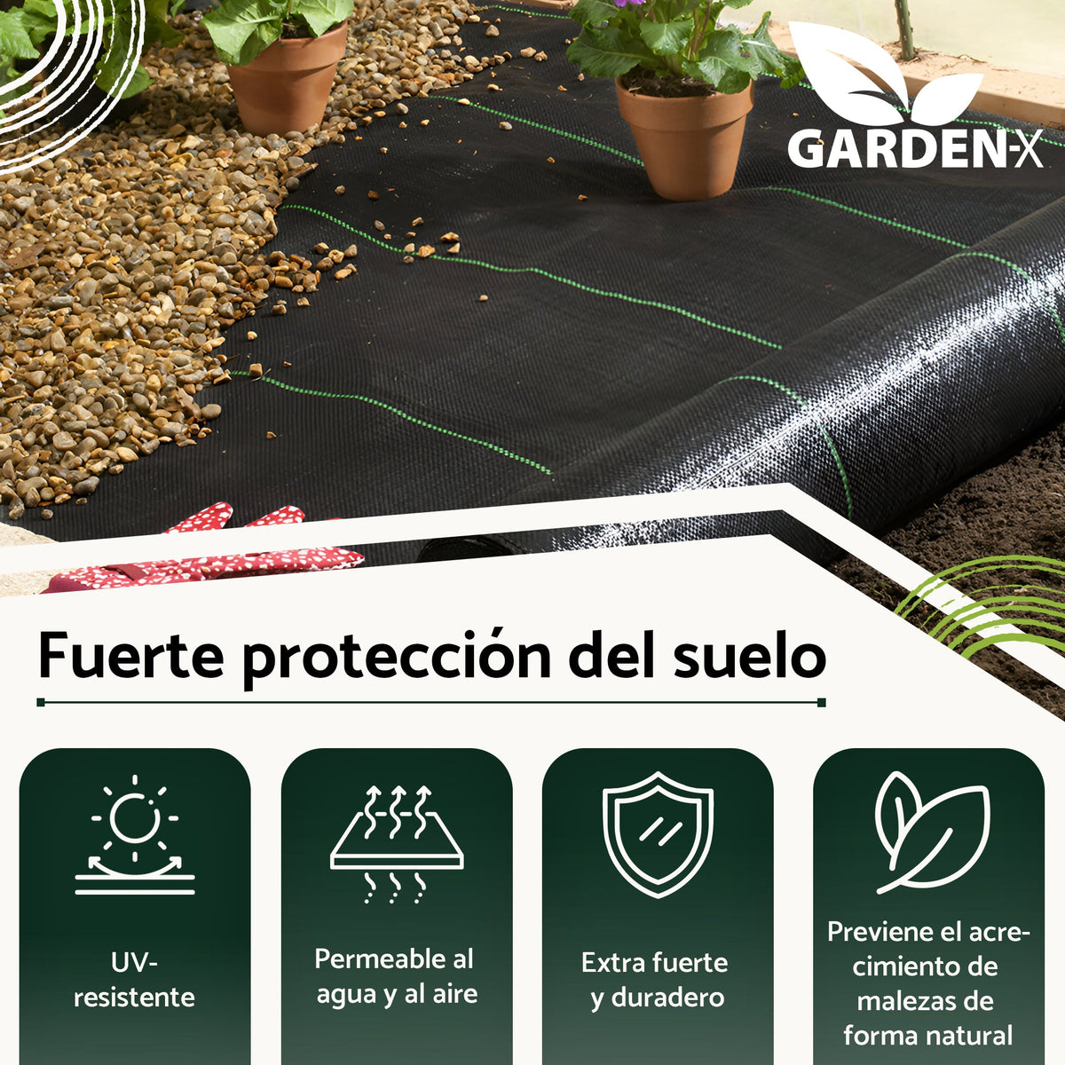 Tela para control de malezas con 50 anclajes de acero