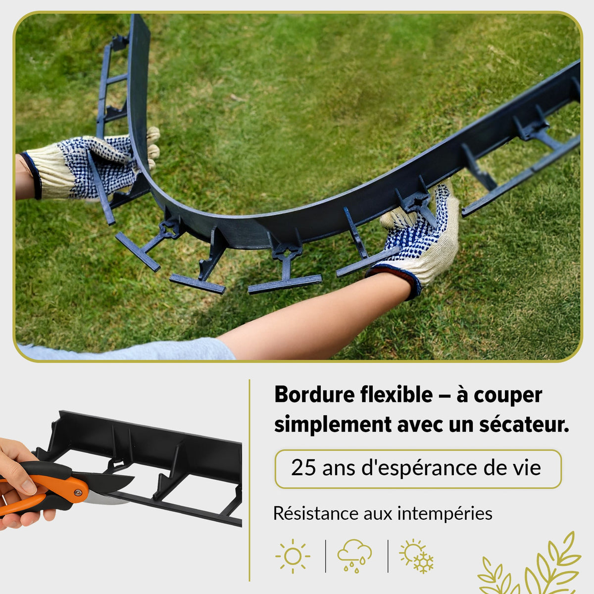 Bordure de pelouse flexible en plastique 10 m hauteur 45 mm - Bordure de pavé avec 30 ancrages au sol