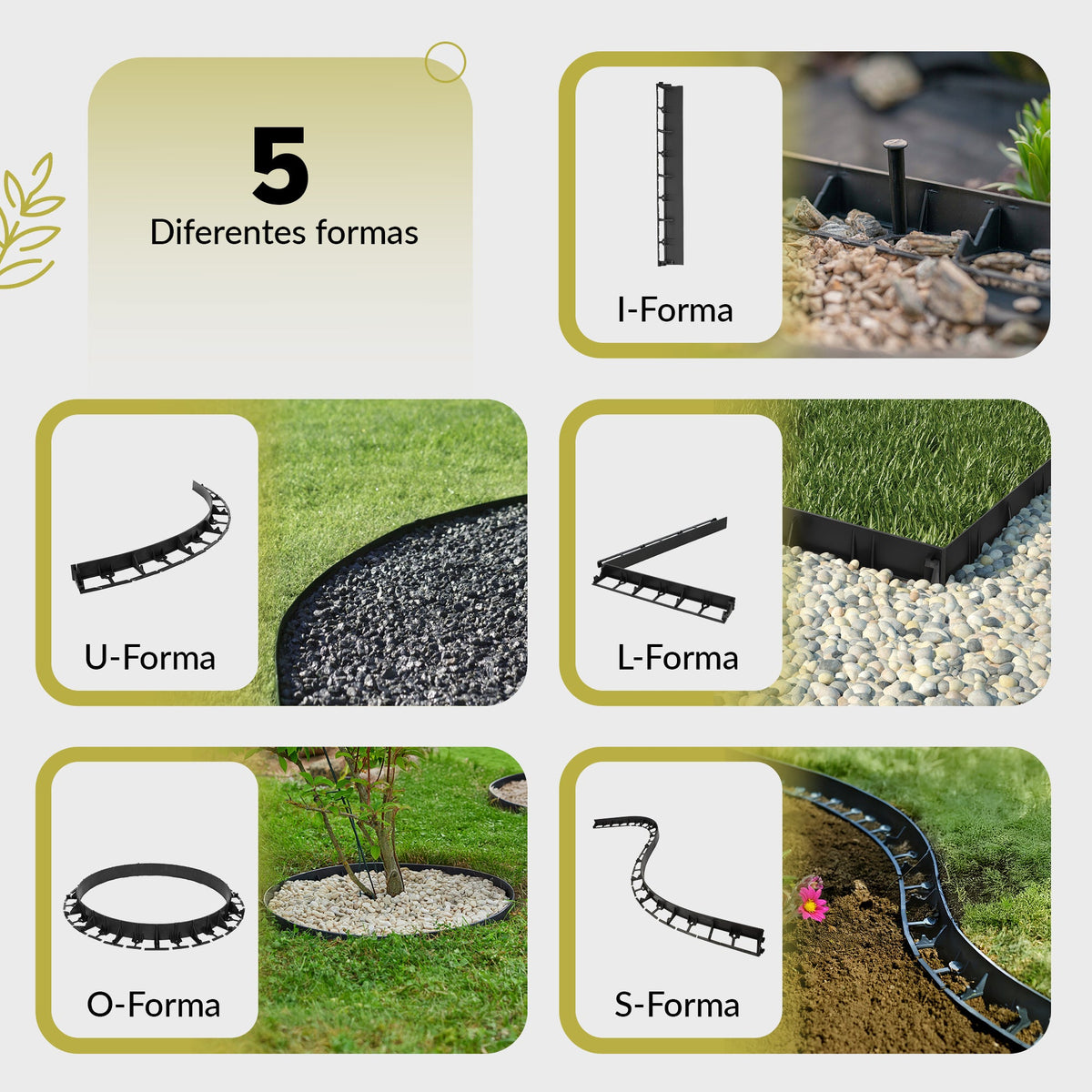Borde de césped flexible de plástico, 10 m de altura, 45 mm, borde de pavimentación con 30 anclajes al suelo