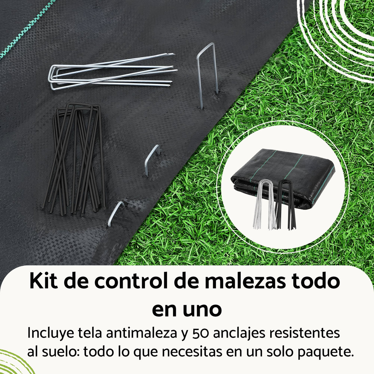 Tela para control de malezas con 50 anclajes de acero