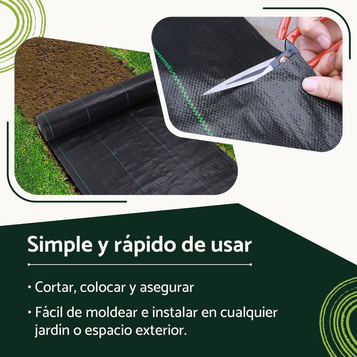 Tela para control de malezas con 50 anclajes de acero