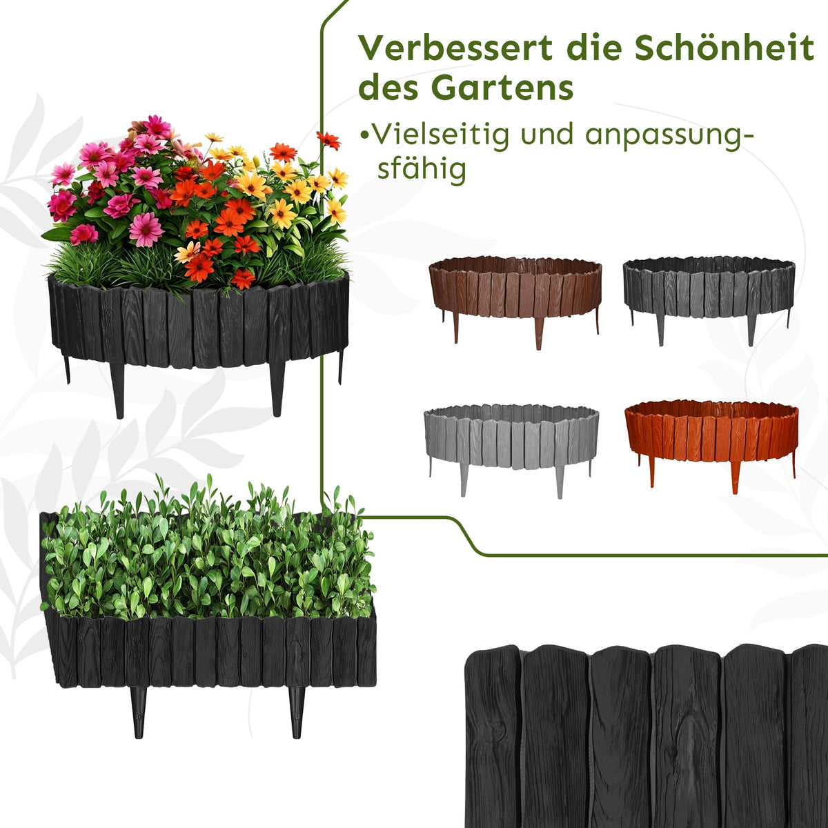 Anthrazitfarbene Rasenkante in Holzoptik – 2,3 m flexibler Rand