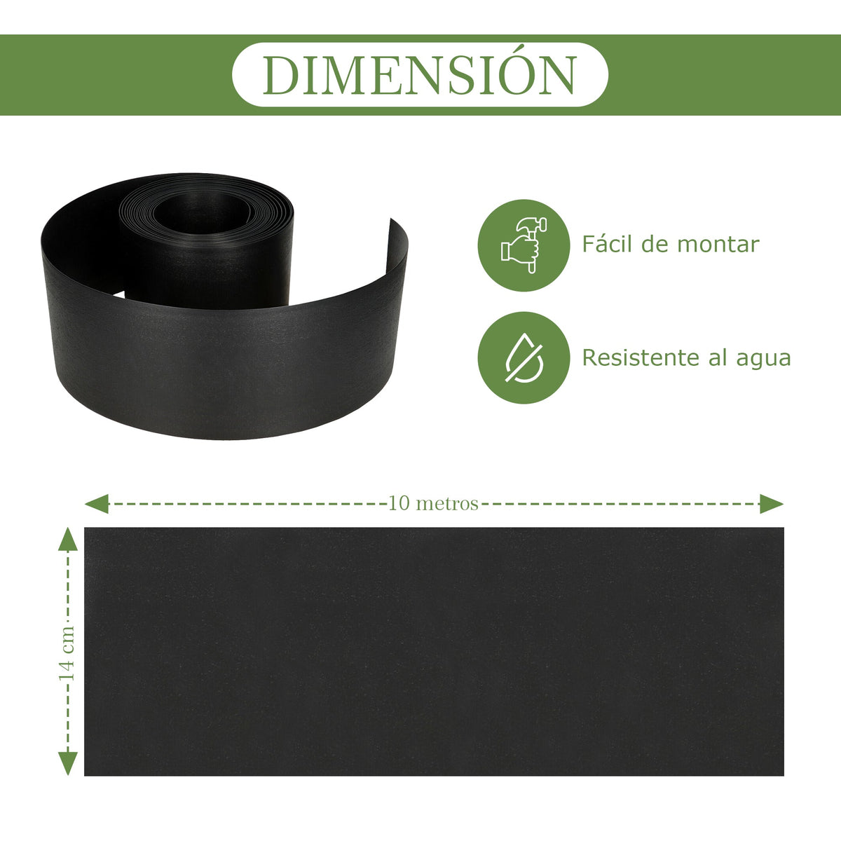 Borde de césped flexible negro de 10 m
