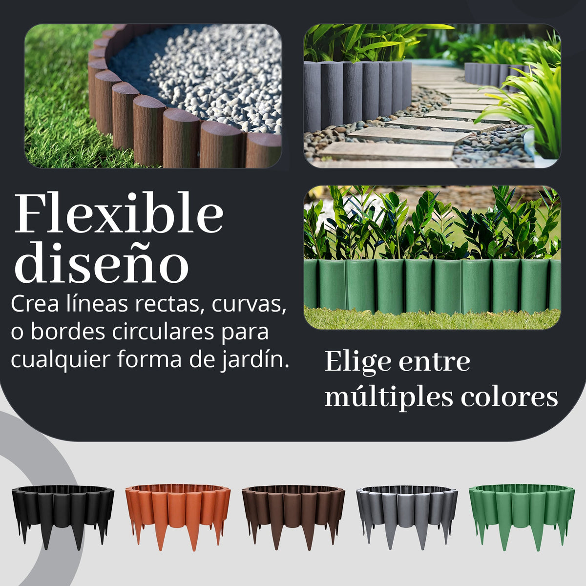 Borde de jardín con efecto madera - Césped flexible de 2,5 m & Borde para parterre de flores