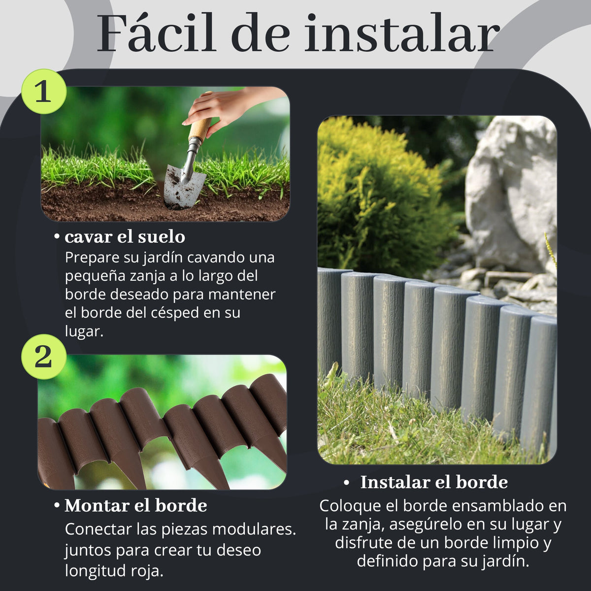 Borde de jardín con efecto madera - Césped flexible de 2,5 m & Borde para parterre de flores