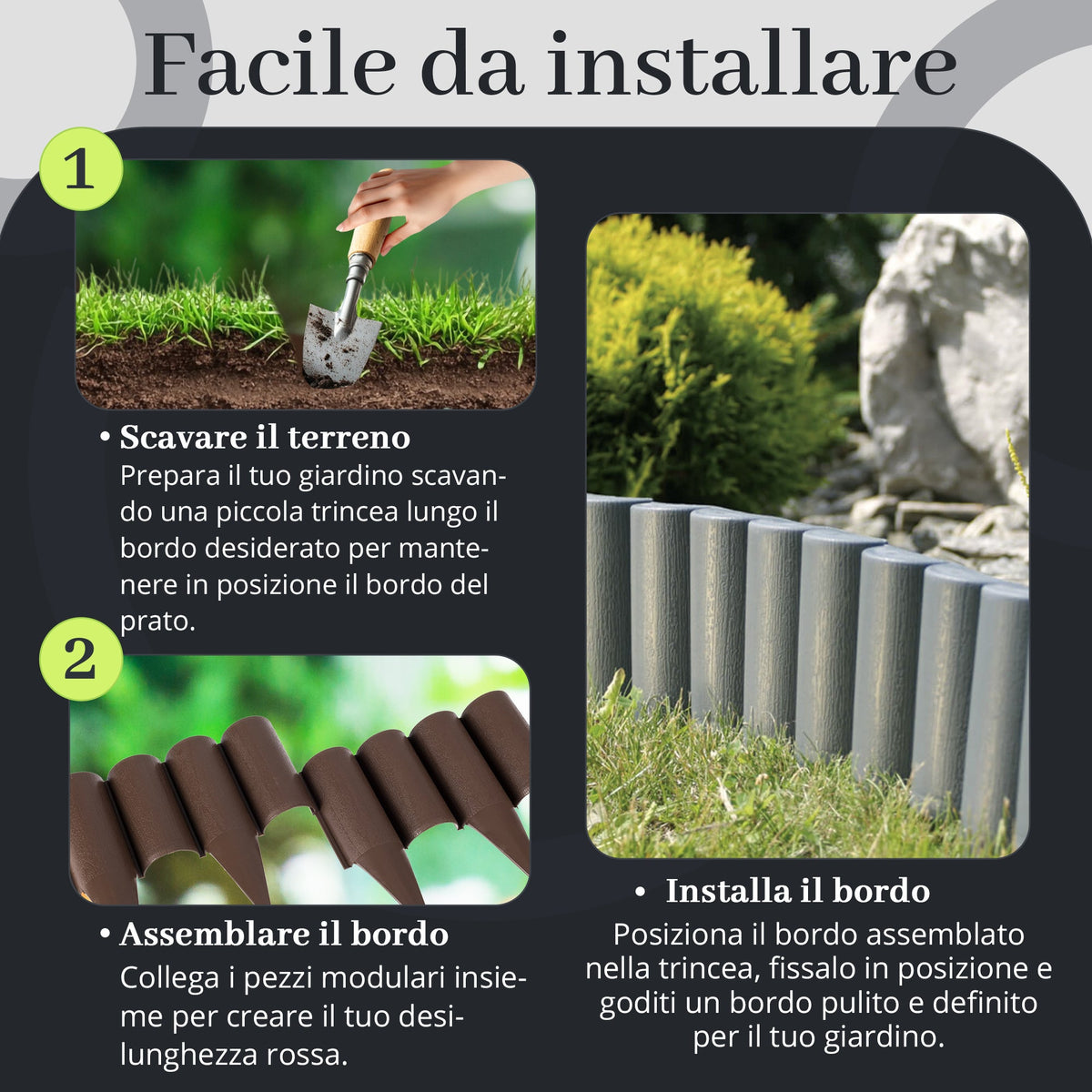 Bordo da giardino effetto legno - Prato flessibile da 2,5 m & Bordo per aiuola