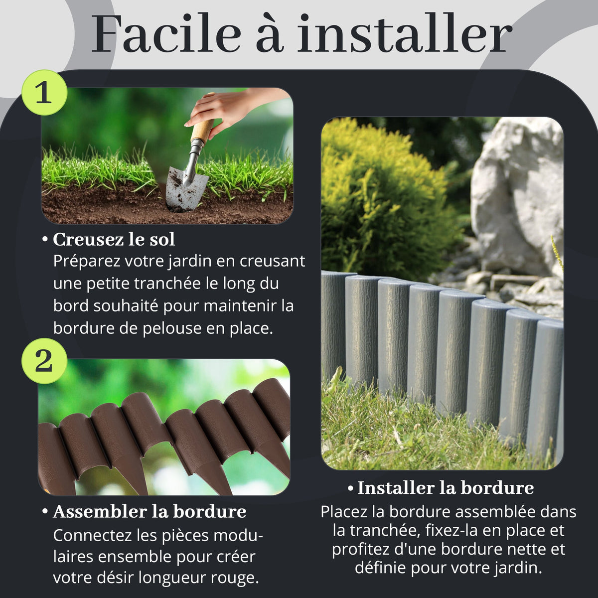 Bordure de jardin effet bois - Pelouse flexible 2,5 m & Bordure de parterre de fleurs