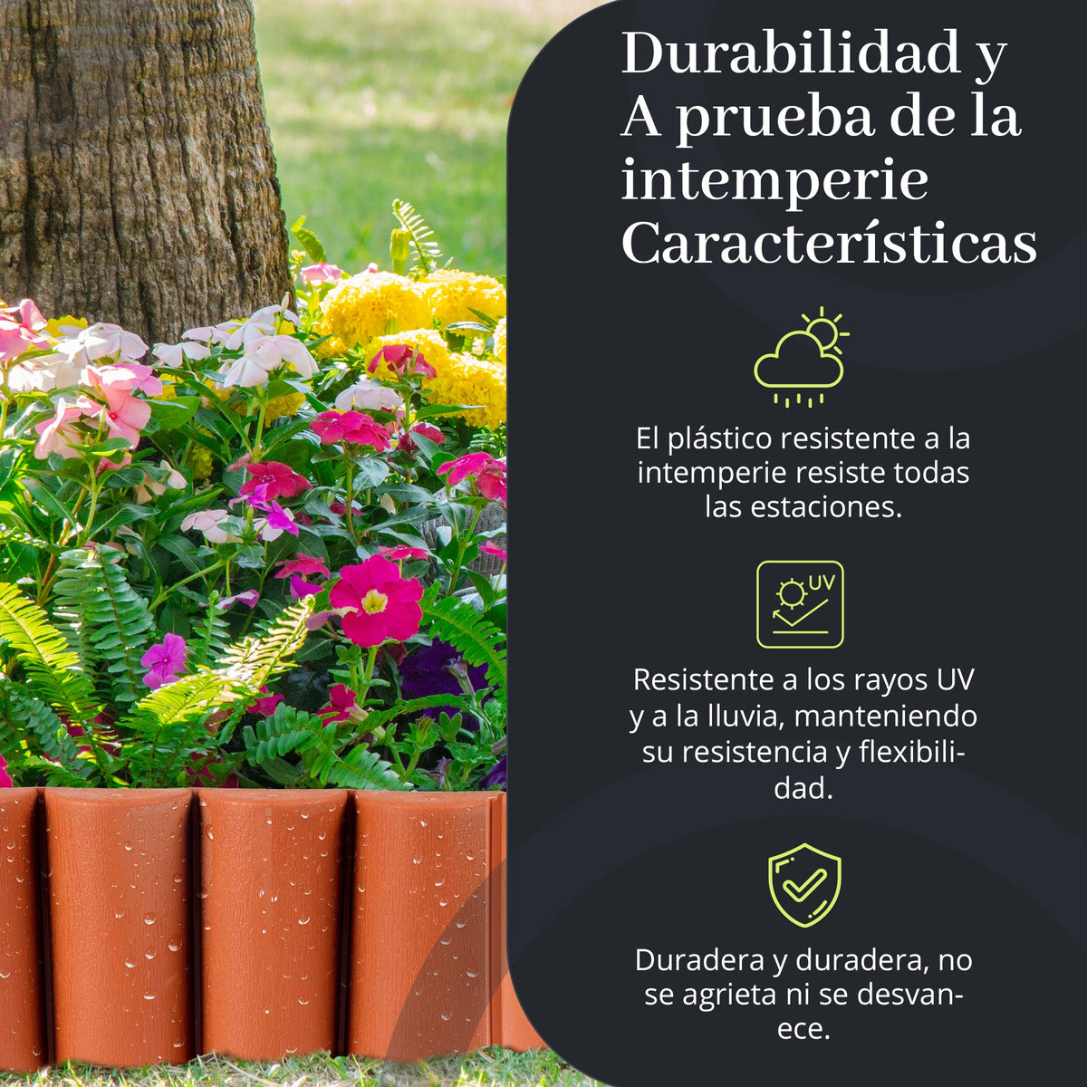 Borde de jardín con efecto madera - Césped flexible de 2,5 m & Borde para parterre de flores