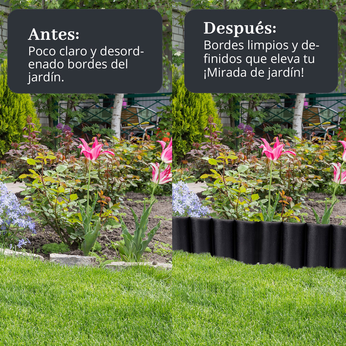 Borde de jardín con efecto madera - Césped flexible de 2,5 m & Borde para parterre de flores