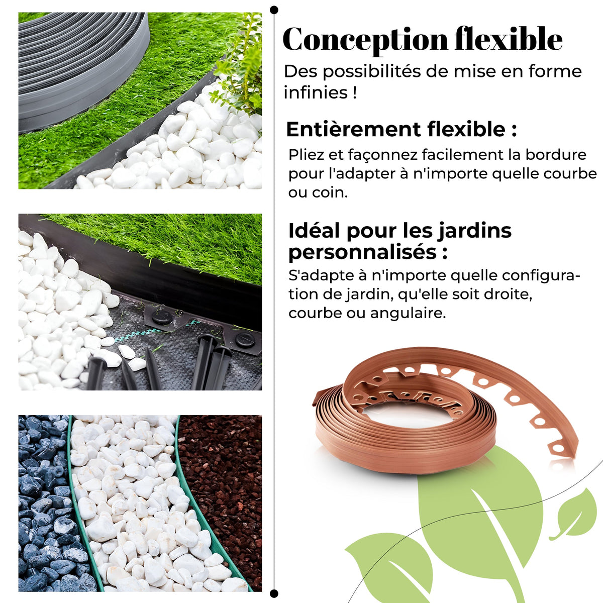 Bordure de pelouse flexible de 10 m - Bordure de parterre de fleurs gris clair résistante aux intempéries