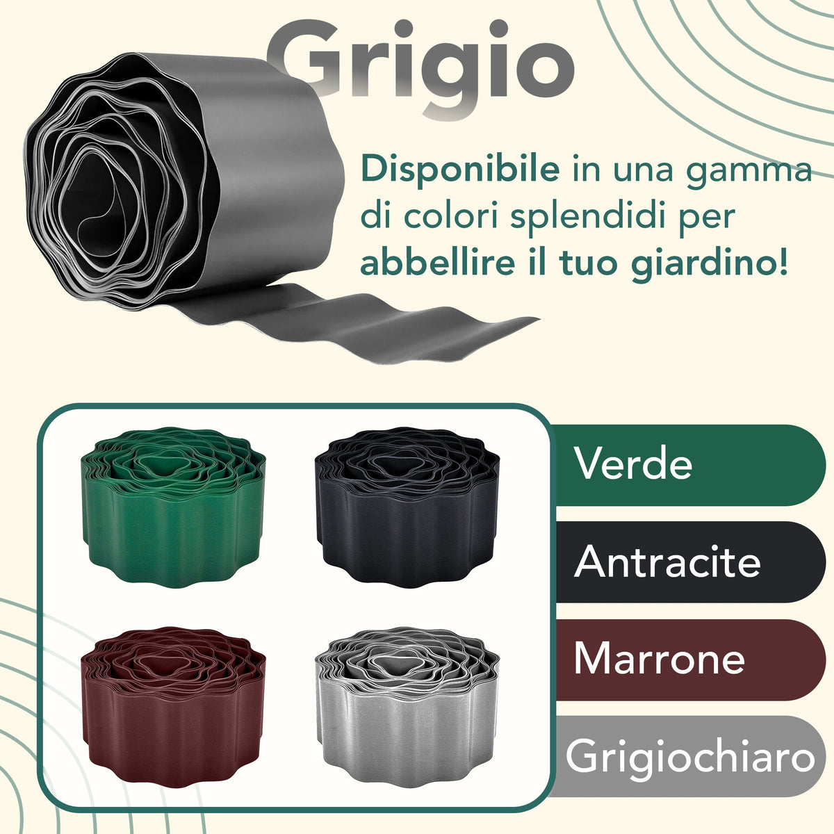Bordura per prato in plastica ondulata color antracite, 9 m (altezza 15 cm)