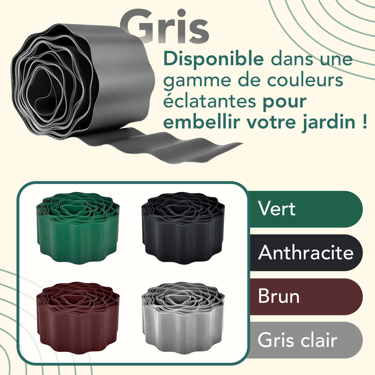 Bordure de pelouse en plastique ondulé anthracite de 9 m (hauteur 15 cm)
