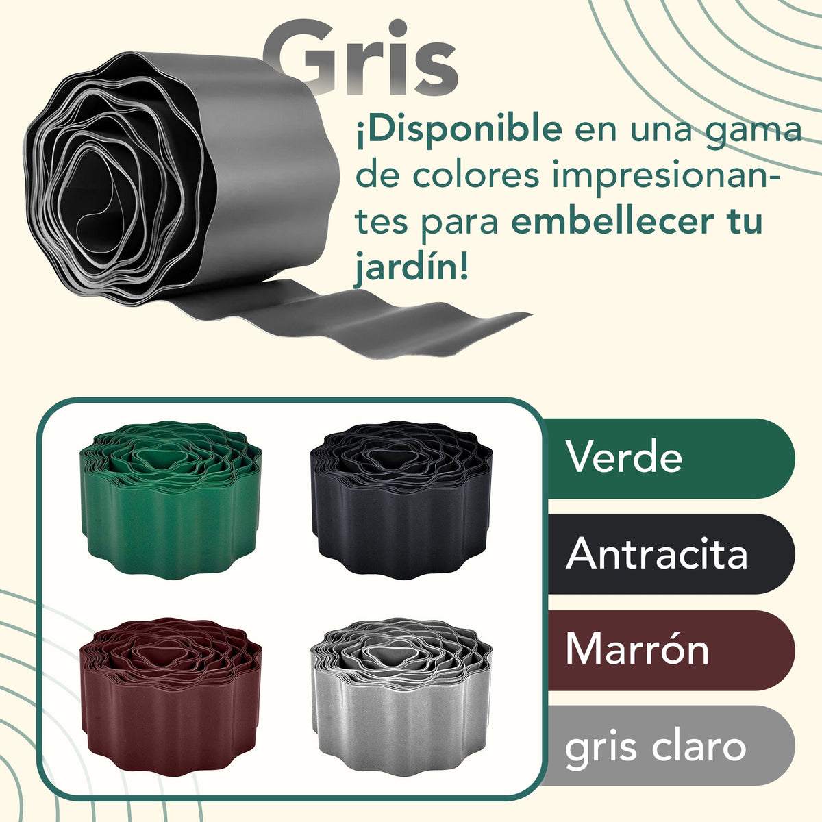Bordillo de césped de plástico corrugado color antracita de 9 m (15 cm de altura)
