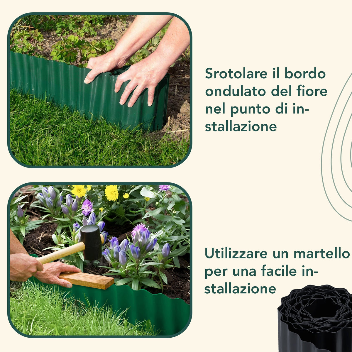 Bordura per prato in plastica ondulata color antracite, 9 m (altezza 15 cm)