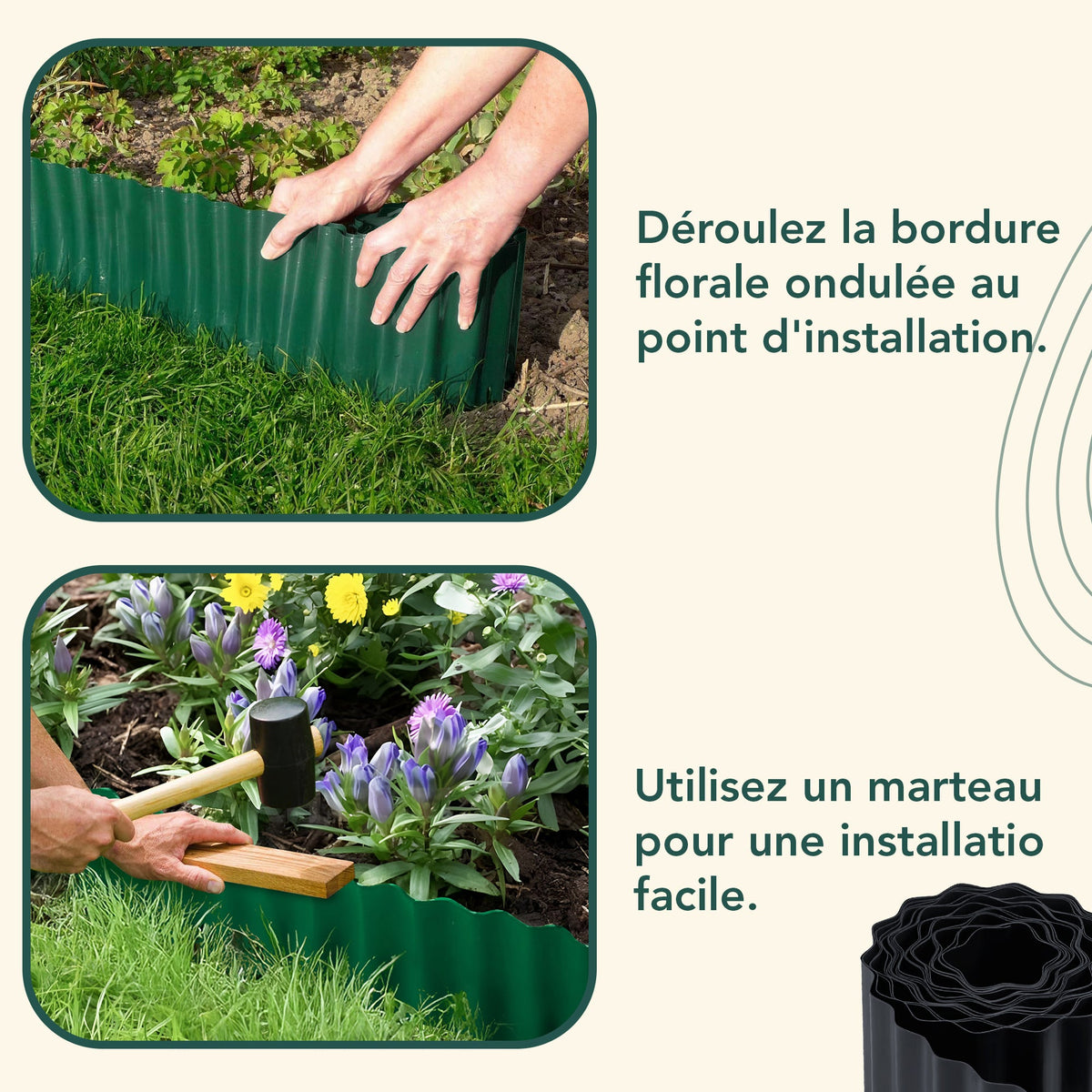Bordure de pelouse en plastique ondulé anthracite de 9 m (hauteur 15 cm)