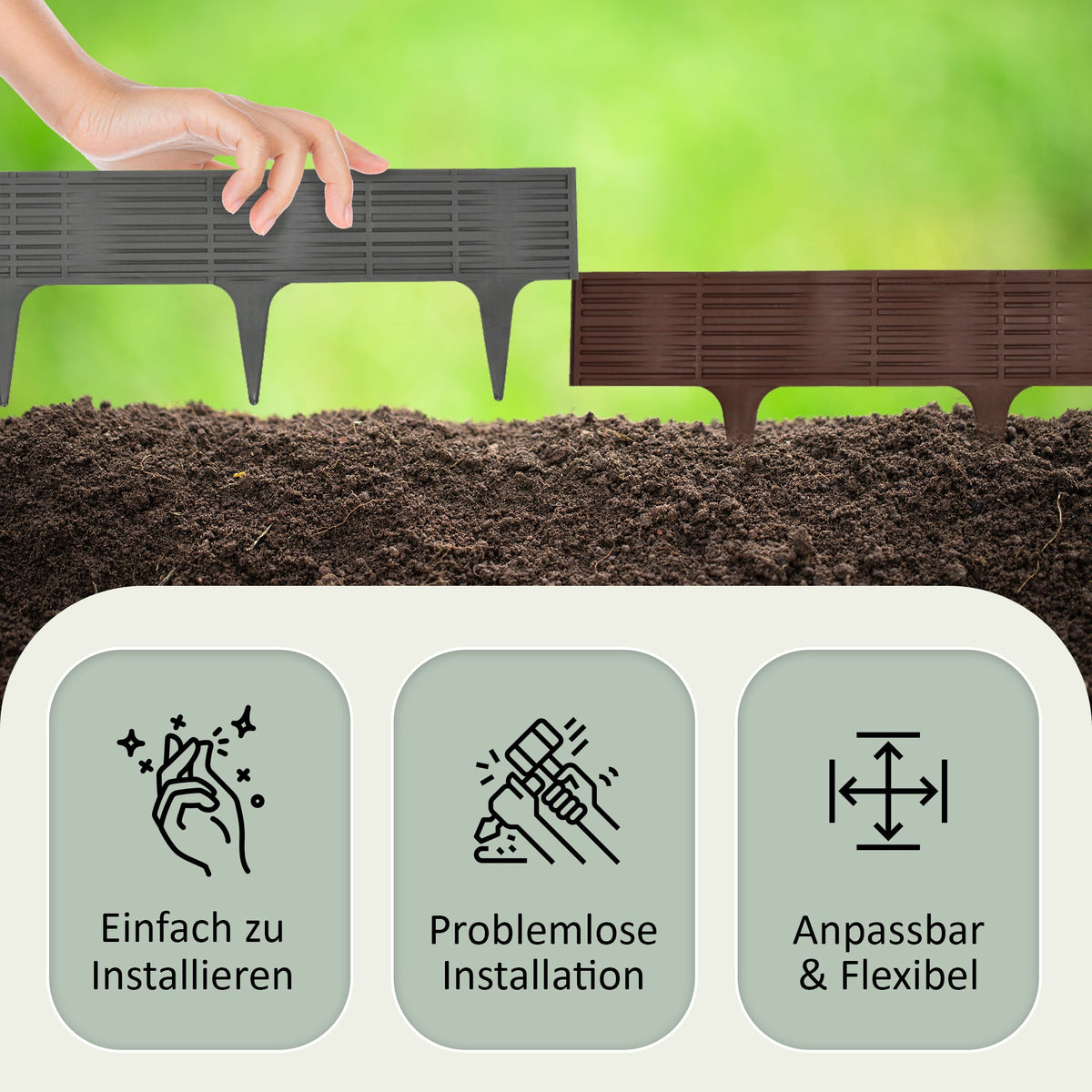 Gartenpalisadenumrandung aus grauem Kunststoff – 5 Module, 3,9 m, UV-beständig