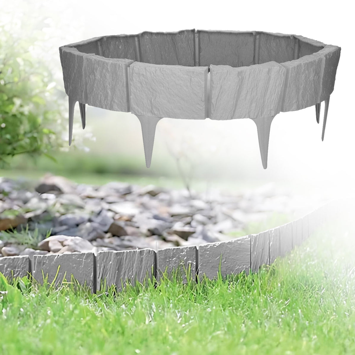 Bordure de pelouse effet pierre - Bordure en plastique gris de 3,9 m (5 modules)