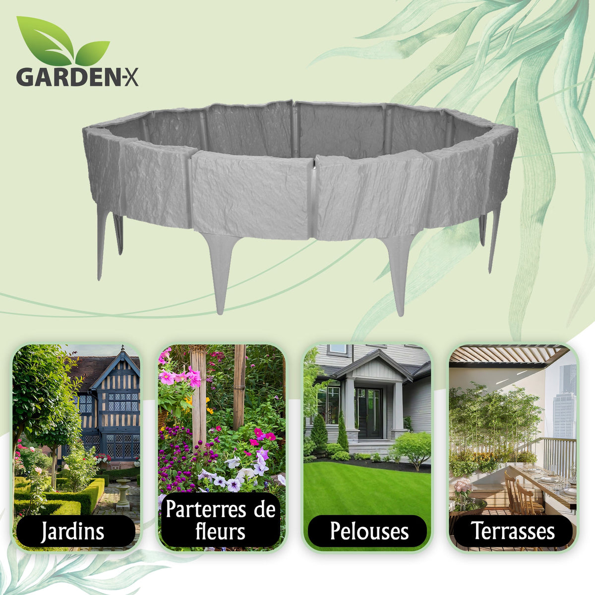 Bordure de pelouse effet pierre - Bordure en plastique gris de 3,9 m (5 modules)