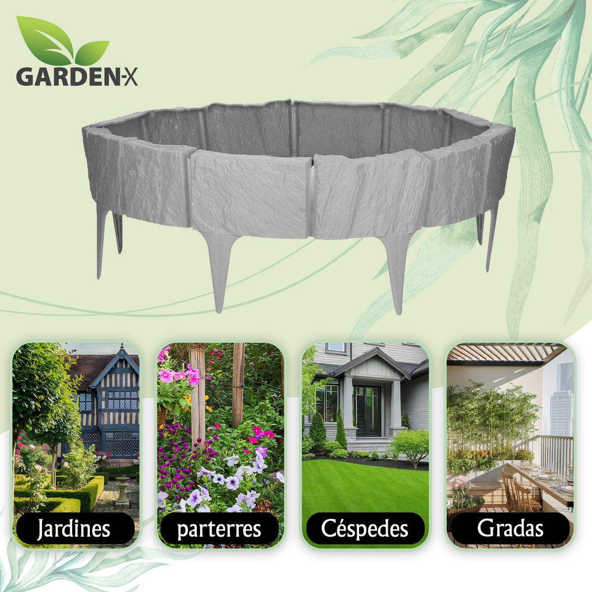 Borde para césped con efecto piedra - Borde de plástico gris de 3,9 m (5 módulos)