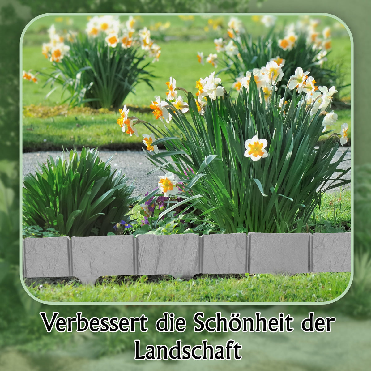 Rasenkanten in Steinoptik – 3,9 m graue Kunststoffumrandung (5 Module)