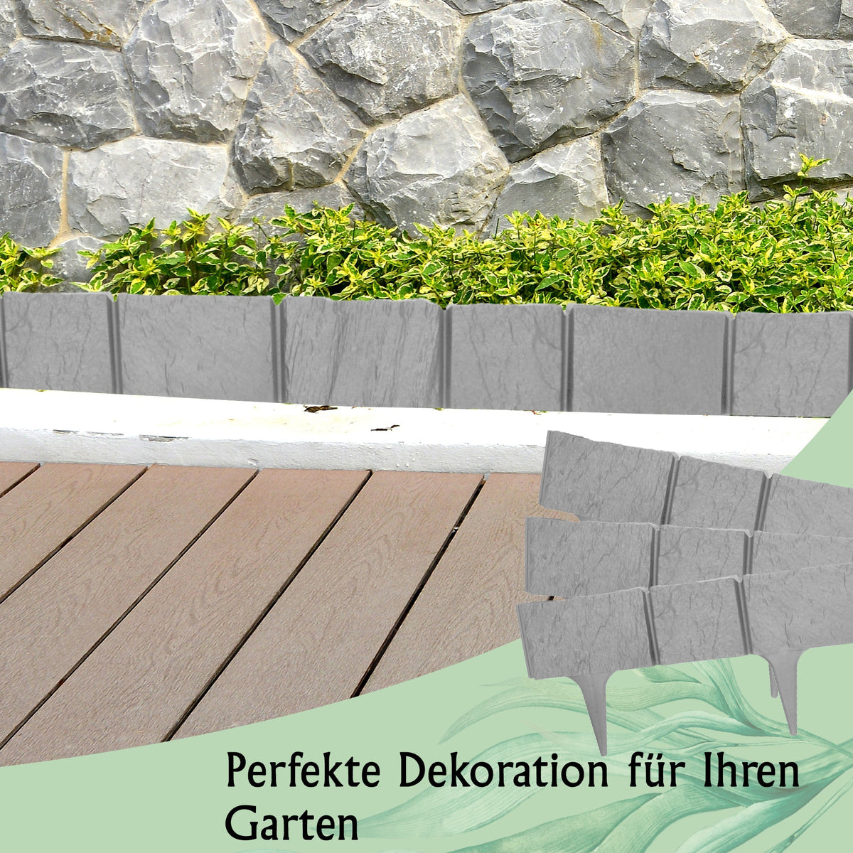 Rasenkanten in Steinoptik – 3,9 m graue Kunststoffumrandung (5 Module)