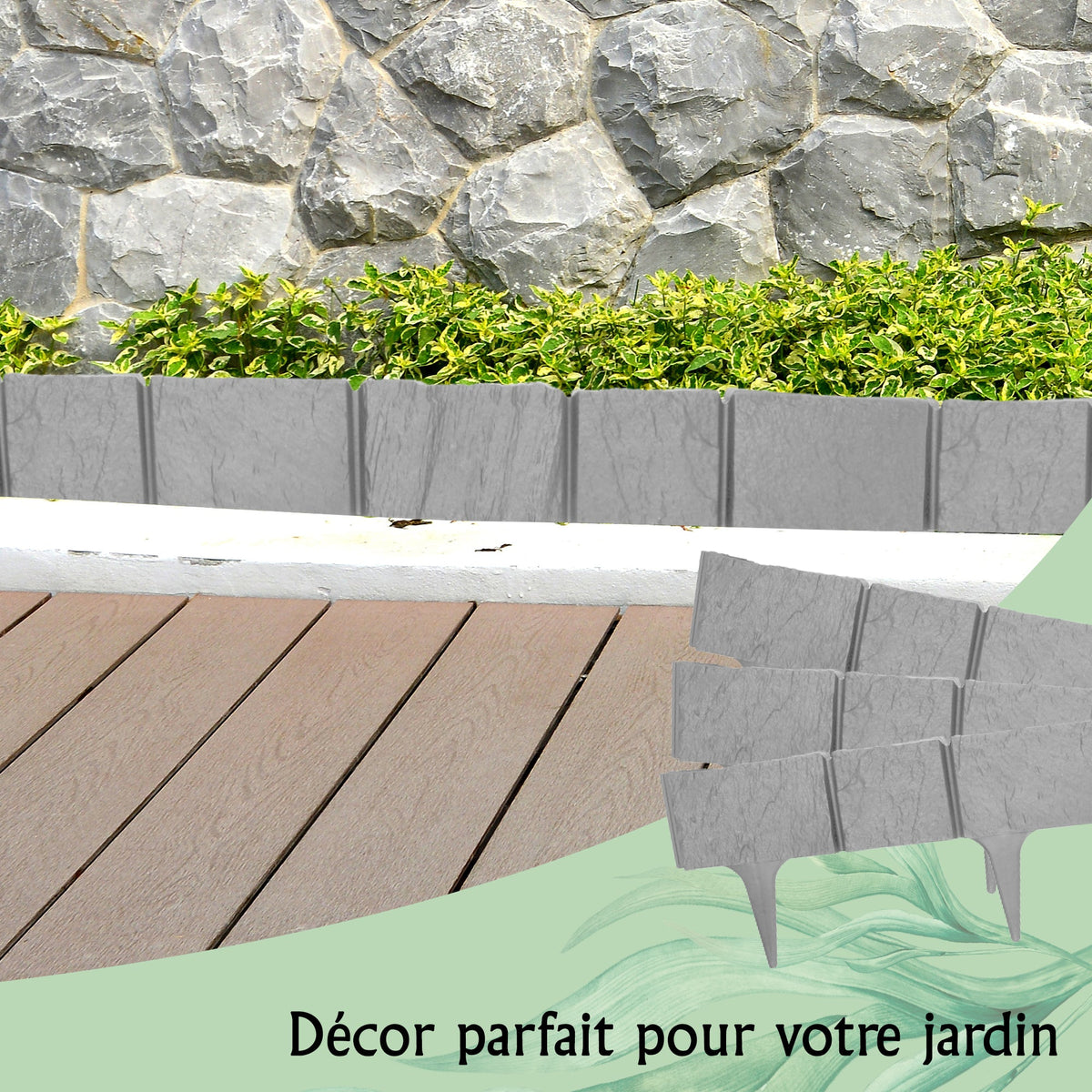 Bordure de pelouse effet pierre - Bordure en plastique gris de 3,9 m (5 modules)