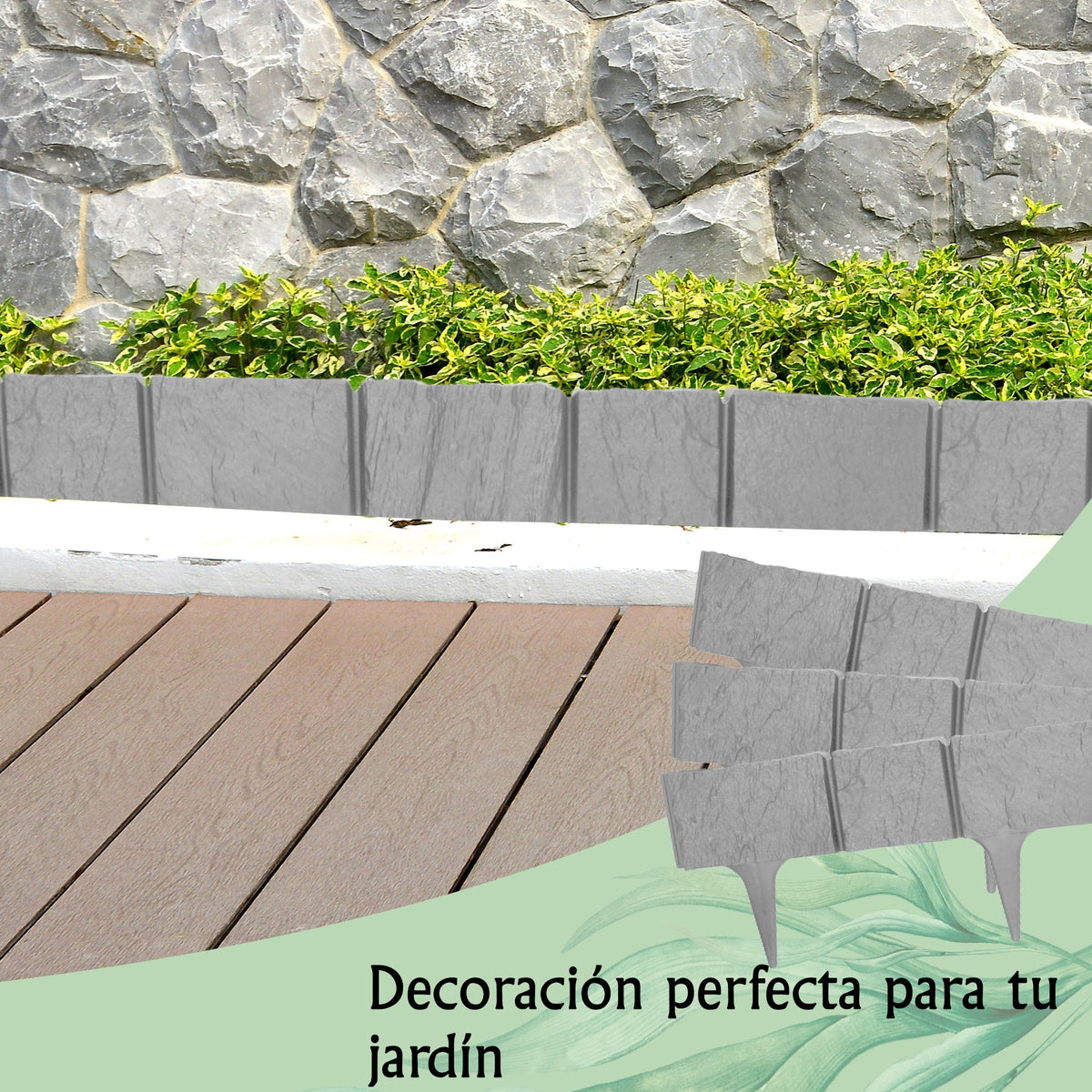 Borde para césped con efecto piedra - Borde de plástico gris de 3,9 m (5 módulos)