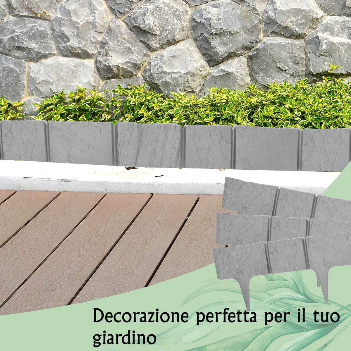 Bordura per prato effetto pietra - Bordo in plastica grigia da 3,9 m (5 moduli)