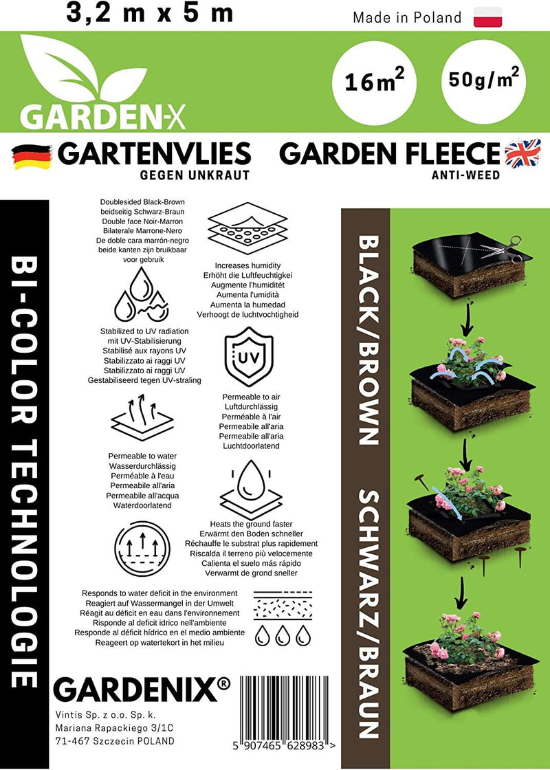 Carregar imagem no visualizador da Galeria, GARDENIX® 16 m² two-tone brown/black anti-weed fleece 50 g/m² garden fleece, high UV stabilisation, tear-resistant and water-permeable (1.6 m x 10 m).
