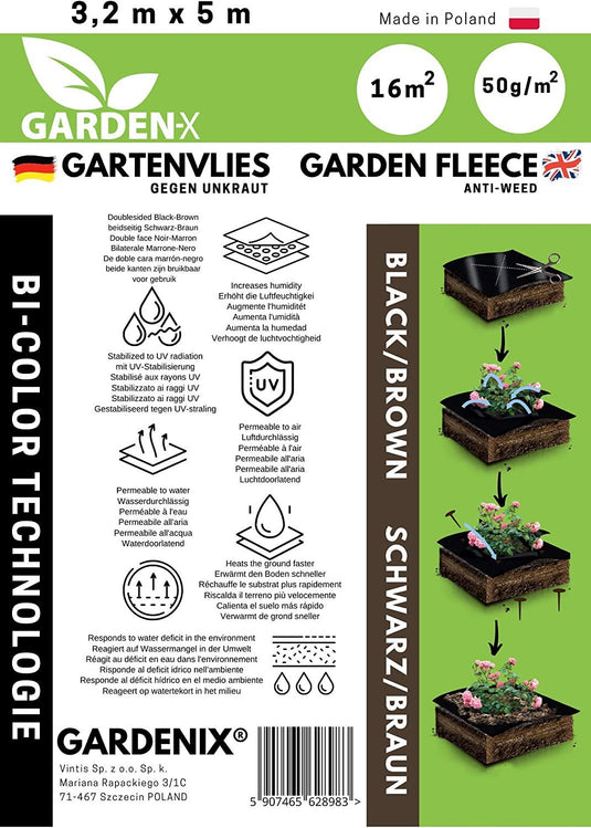 GARDENIX® 16 m² tweekleurig bruin/zwart onkruidvlies 50 g/m² tuinvlies, hoge UV-stabilisatie, scheurvast en waterdoorlatend (1,6 m x 10 m).