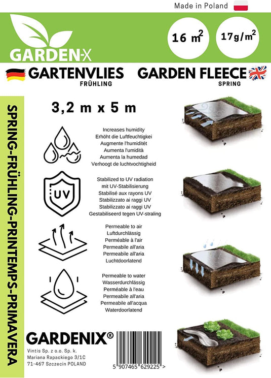 <tc>GARDENIX</tc>® Lentevlies voor planten - Bescherming tegen vorst - UV-gestabiliseerd - Scheurbestendig en waterdoorlatend - Afscherming tegen vogels en insecten