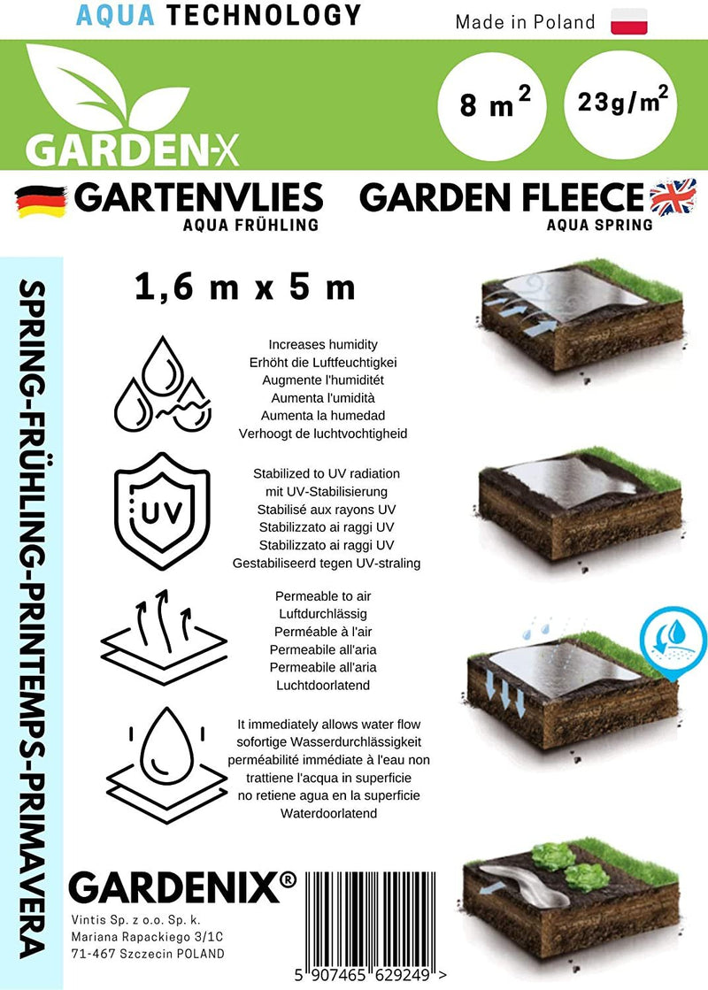 Načtěte obrázek do galerijního prohlížeče, GARDENIX Frühling Gartenvlies Aqua mit sehr hoher Wasserdurchlässigkeit, zur Abdeckung von Gemüsebeeten, UV-Stabilisierung
