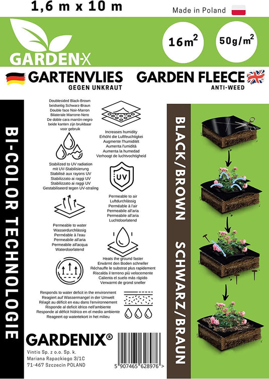 GARDENIX® 16 m² two-tone brown/black anti-weed fleece 50 g/m² garden fleece, high UV stabilisation, tear-resistant and water-permeable (1.6 m x 10 m).