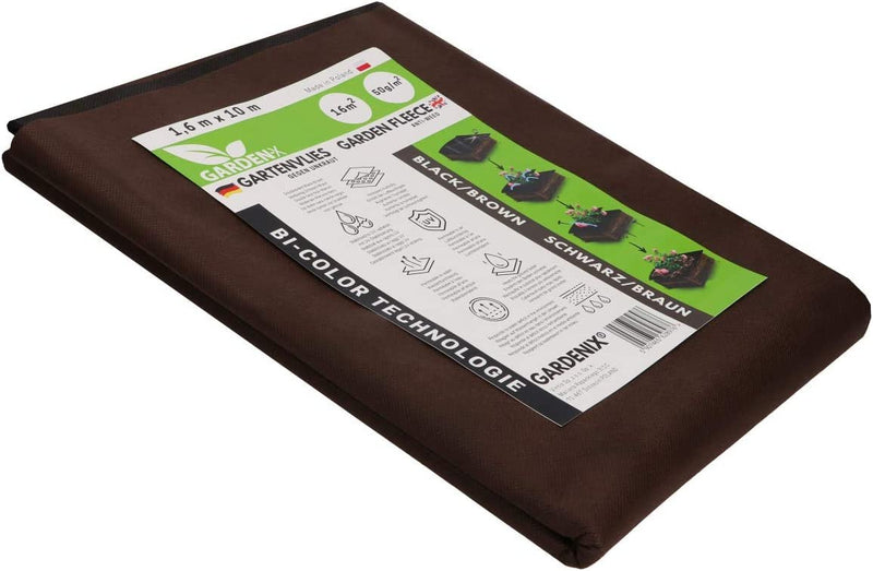Load image into Gallery viewer, GARDENIX® 16 m² two-tone brown/black anti-weed fleece 50 g/m² garden fleece, high UV stabilisation, tear-resistant and water-permeable (1.6 m x 10 m).
